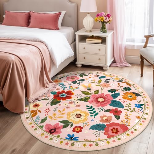 Floral 6ft Area Rug Machine Washable Soft Print Boho Carpet Non Slip Doormat Low Pile Flower Area Rugs for Living Room Bedroom Nursery Kitchen Dining Room Indoor-Pink