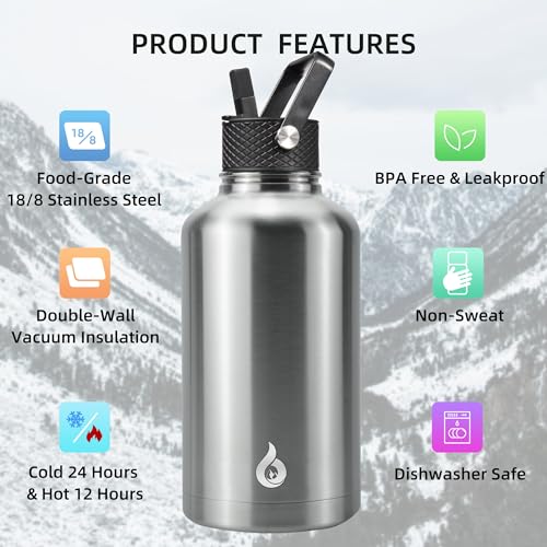 Image of BJPKPK Half Gallon Insulated Water Bottles with Straw Lid, 64oz Large Water Jug, Stainless Steel Bottles with 3 Lids and Paracord Handle, Thermo for Hot & Cold Liquid, Stainless Steel