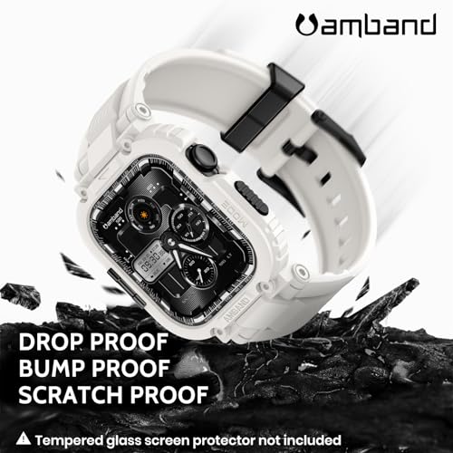 Image of amBand 46mm for Apple Watch Series 11 /10 Band Case Men, M1 Sport Rugged Heavy Duty Cover Tactical Strap Military Grade Protective Bumper Protector for iWatch 46 mm Men - White