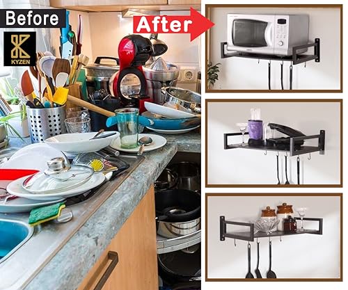 Image of KYZEN Deluxe Wall Mount Microwave Oven Stand with Pot Rack, 5 Hooks & Storage Container | Heavy-Duty Shelf for Microwave, OTG, Air Fryer, Grinder & Kitchen Organization (Black) Appliances WM Delux B
