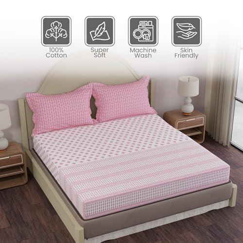 Image of Layers 100% Cotton King Size Bedsheet Set | Pink Ethnic Print | 120 TC Forever Collection | Soft & Breathable | Washable Bedsheet with 2 Pillow Covers | All Season