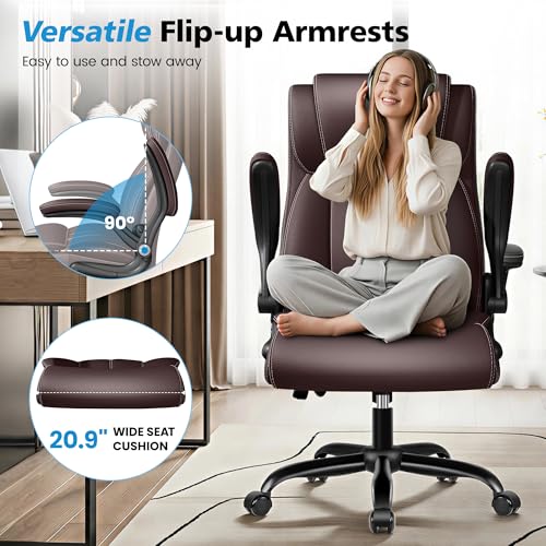 Image of Ergonomic Office Chair, High Back Executive Leather Desk Chair | Inflatable Lumbar Support for Back Pain Relief, Heavy-Duty Computer Desk Chair for Long Workdays, Flip-Up Armrests, Coffee
