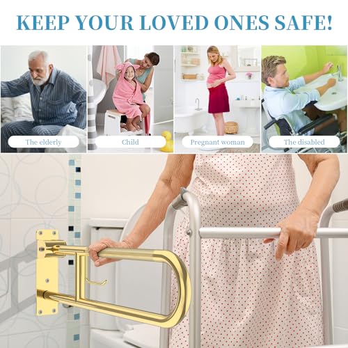 Image of Toilet Grab Bar 30.3 Inch Gold, Munzong Anti-Slip Handicap Grab Bars with Paper Holder, Flip-Up Bathroom Safety Rails, Stainless Steel Knurled Support handrails for Seniors Elderly Disabled Pregnant