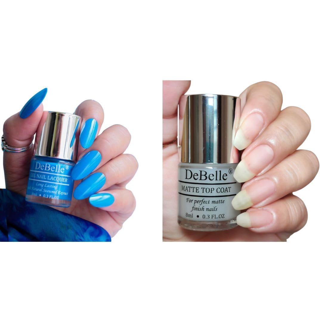 DeBelle Gel Nail Polish Gift Set of 2 La Azure (Blue) & Matte Top Coat (Top Coat) 16 ml (8ml each Nail Paint) | Non-Toxic, Seaweed Enriched Nail Polish
