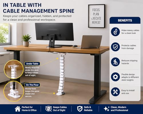 Image of Cable Management Kit, Adjustable Quad Entry Flexible Spine Wire Organiser, Desk Cord Snake System for Home Office, Computer, TV and Workstation (25 Cord Snake - Black)