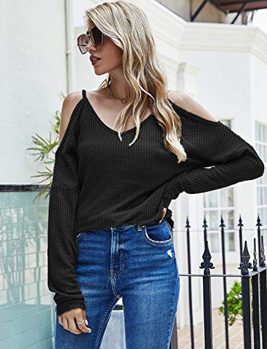 OURS Waffle Knit Sweater Shirts for Women Long Sleeve Black