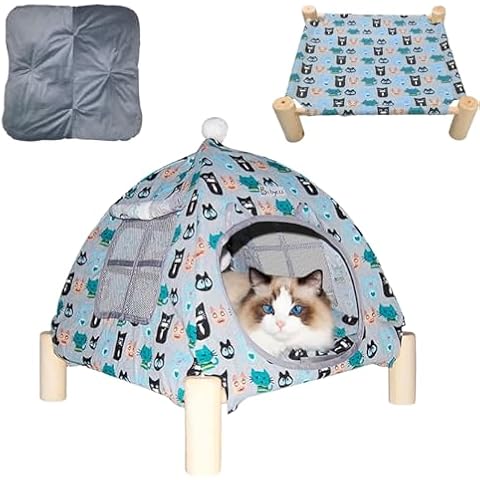 2-in-1 Cat Bed Tent Wooden Frame Cat Tent Cat Hammock, Removable Wooden Cat Raise Indoor Outdoor Bed, Portable Indoor/Outdoor Pet Dog Tent House Cat Puppy Small Animal (Colorful Kitten Tent) Cover