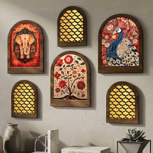 Image of Jharokha MDF Mirrors Home Decoration Items | Traditional Wall Decor Items for Living Room | Mirror Wall Hanging | Home Decor Items for Bedroom Office Set of 6 (9x12 inch & 7.5x9.5 inch)