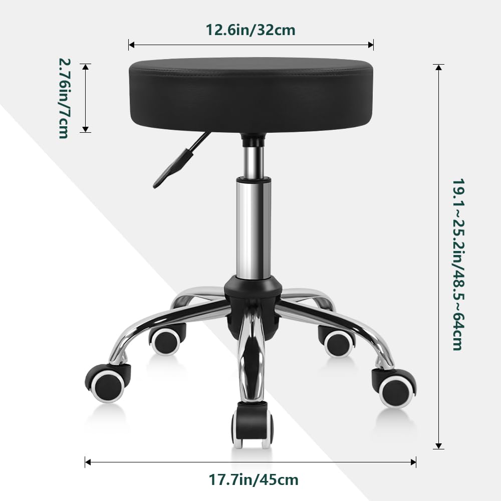 BFTOU Black PU Leather Swivel Stool with Wheel Perfect for Salon Work Home SPA Shop Height-Adjustable and Cost-Effective Rolling Stool Chair Small (Black)