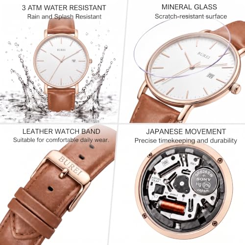 Image of BUREI Men's Fashion Minimalist Wrist Watch Analog Date with Leather Strap