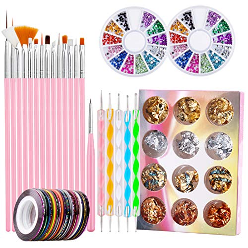15 Pcs Nail Art Brush,Nail Pen Designer with 2 Boxes Color Nail Rhinestones,5 Pcs Nail Dotting Pens,12 Pots Nail Foil Flakes,30 Pcs Nail Striping Tapes for Nail Art Decoration