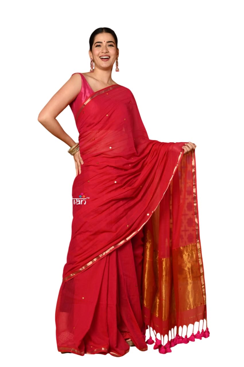 very much indian Shubh ~ Designer Pure Mul Cotton Handloom Saree - Rich Red-picture-40