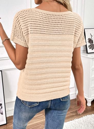 Image of SHEWIN Womens Sweaters Crew Neck Short Sleeve Shirts Summer Tops Knit Hollow Out T Shirts Sweater Blouses