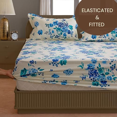 Image of Swayam Pure Cotton King Fitted Bedsheet with 2 Pillow Covers | Size 72 x 78 x 10 inch | 160 TC | Floral Design | Soft Breathable Bed Sheet | Comfortable & Durable for Bedroom - Cream & Blue