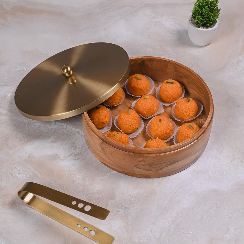 Image of Wooden Chapati Box for Kitchen - Casserole for Roti with Stainless Steel Brass Lid | Wooden Chapati Box with 1 Tong | Traditional Kitchen Organizer - Gold (Plane)
