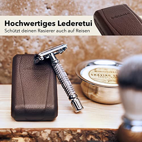 Störtebekker® Premium Rasierhobel Herren Hamburg - Rasierset mit 10 Rasierklingen & Leder-Etui - Nassrasierer Herren inkl. Reise-Etui mit Spiegel - *TESTSIEGER* Stiftung Warentest (12/2024) - Image 4