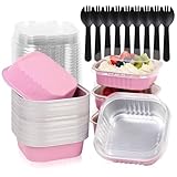 FORBFAN 8 oz Pink Mini Cake Pans with Lids & Spoons, 150 Pack Aluminum Square Baking Cups, Oven-Safe Disposable Ramekins for Cupcakes, Brownies & Party Catering