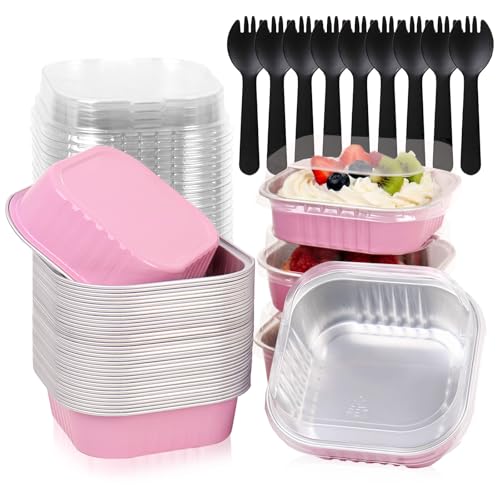 FORBFAN 8 oz Pink Mini Cake Pans with Lids & Spoons, 150 Pack Aluminum Square Baking Cups, Oven-Safe Disposable Ramekins for Cupcakes, Brownies & Party Catering