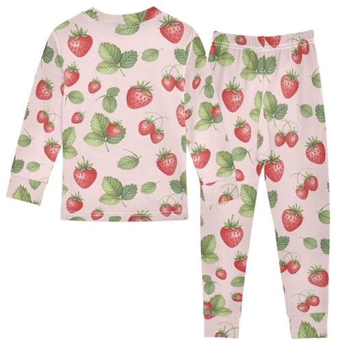 Pajama Sets Long Sleeve Strawberry Leaves Pattern Soft Comfy Sleepwear 2 Piece PJS 3-8T3