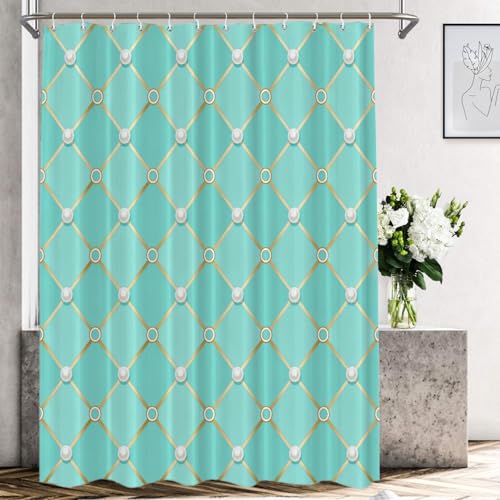 Shrahala Turquoise Diamond Grid Decorative Shower Curtain, Elegant Geometric Design Bathroom Décor Polyester Fiber Waterproof with Plastic Rings for Shower Stall Bathtubs 72 x 72 in