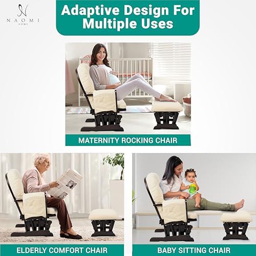 Naomi Home Brisbane Glider and Ottoman Set with Smooth Rocking & Gliding Motion, Ergonomic High-Back Support, Cushioned Armrests, Solid Wood Base, Storage Pockets, Espresso/Cream Nursery Chair