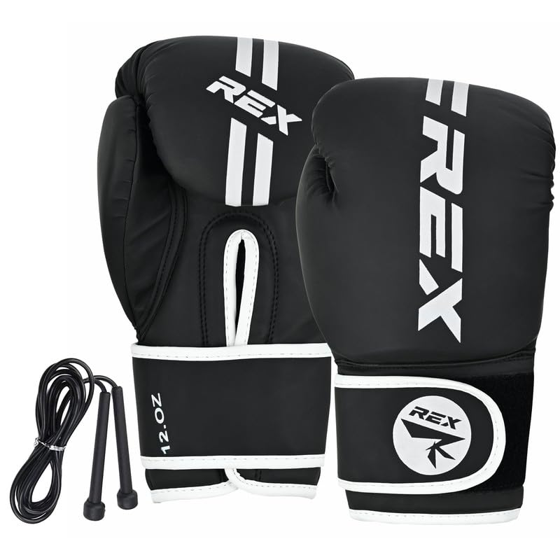 REX Sports Boxing gloves with Free Skipping Rope Muay Thai Pad gloves Sparring gloves MMA and Kick Boxing 02-08 OZ for Kids and 10-16 OZ for Adults (Black/White, 10 OZ)