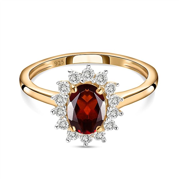 Mozambique Garnet January Birthstone Princess Diana Inspired Halo Ring in 18K Yellow Gold Vermeil Overlay Sterling Silver for Women (GH0174A-Garnet Ring_19) Mozambique Garnet January Birthstone Princess Diana Inspired Halo Ring in 18K Yellow Gold Vermeil Overlay Sterling Silver for Women (GH0174A-Garnet Ring_19)