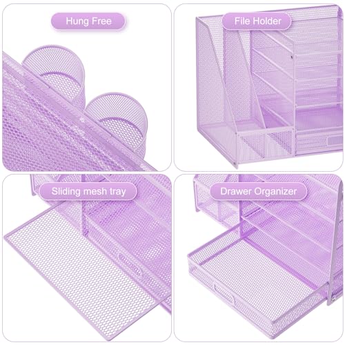 Image of Marbrasse Desk Organizer with File Holder, 5-Tier Paper Letter Tray Organizer with Drawer and 2 Pen Holder, Mesh Desktop Organizer and Storage with Magazine Holder for Office Supplies(Purple)