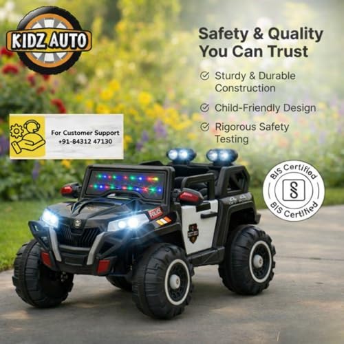 Image of KAB J 2188 Kids Electric Ride-On Jeep with Remote Control | Rechargeable Battery Operated Toy Car with Music, Decorative Lights, Openable Doors, Suspension & Bonnet Lighting | Police