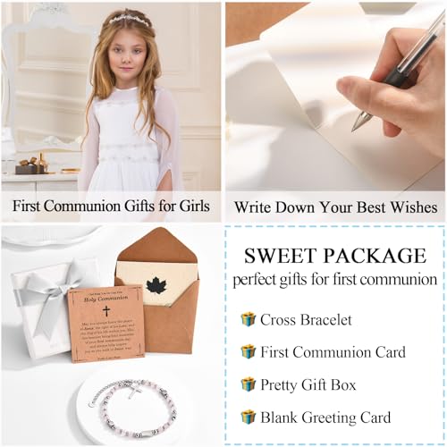 Image of First Communion Gifts for Girls, 1st Communion Cross Beaded Bracelet First Holy Communion Gifts Easter Basket Stuffers Gifts for Girls Daughter Granddaughter Niece Sister With First Communion Cards