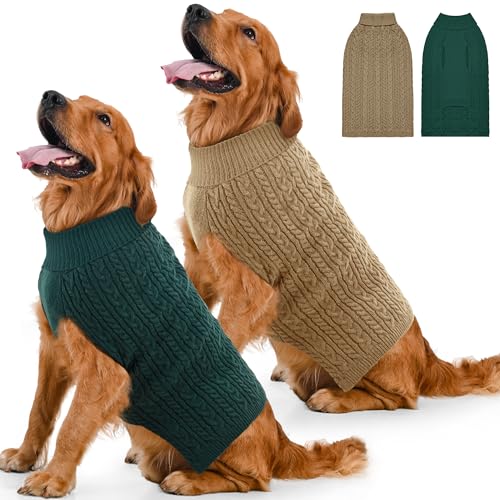 Lorehelina 2 Pack Dog Sweaters for Large Dogs Winter Turtleneck Pullover Cable Knit Fleece Stretch Pitbull Labrador Golden Retriever Doberman Bulldog Boy Girl Pet Clothes (XXL, Green & Brown)