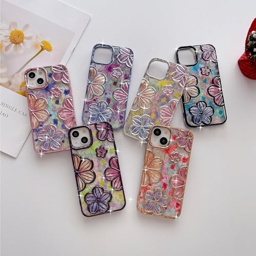 Image of mobistyle Designed for iPhone 15 Plus Cover| Electroplating Colourful Flower 3D TPU Camera Protection Back Cover Case for Women Girls (Flower Silver)