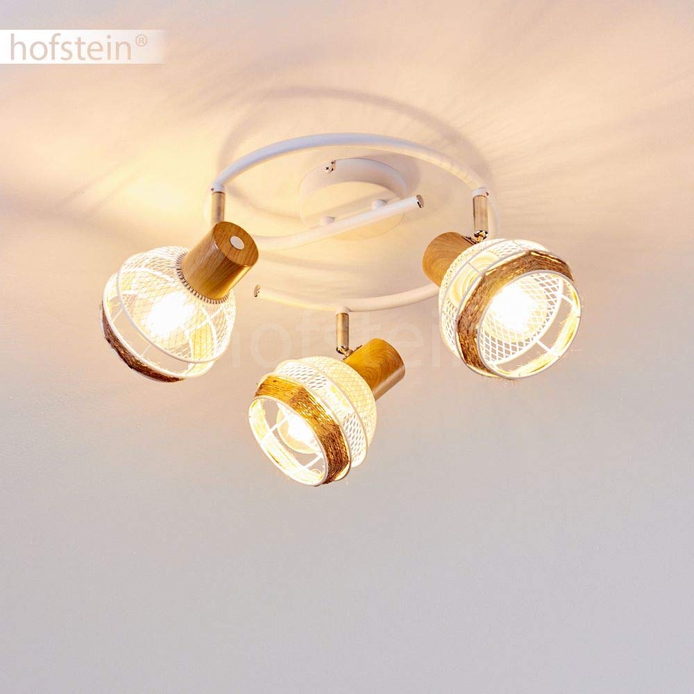 Lámpara de techo Bariloche, lámpara de techo redonda de metal/madera/cuerda de cáñamo en blanco/cromo/naturaleza, 3 llamas, pantallas orientables y giratorias, E27, óptica de celosía, sin bombilla(s)
