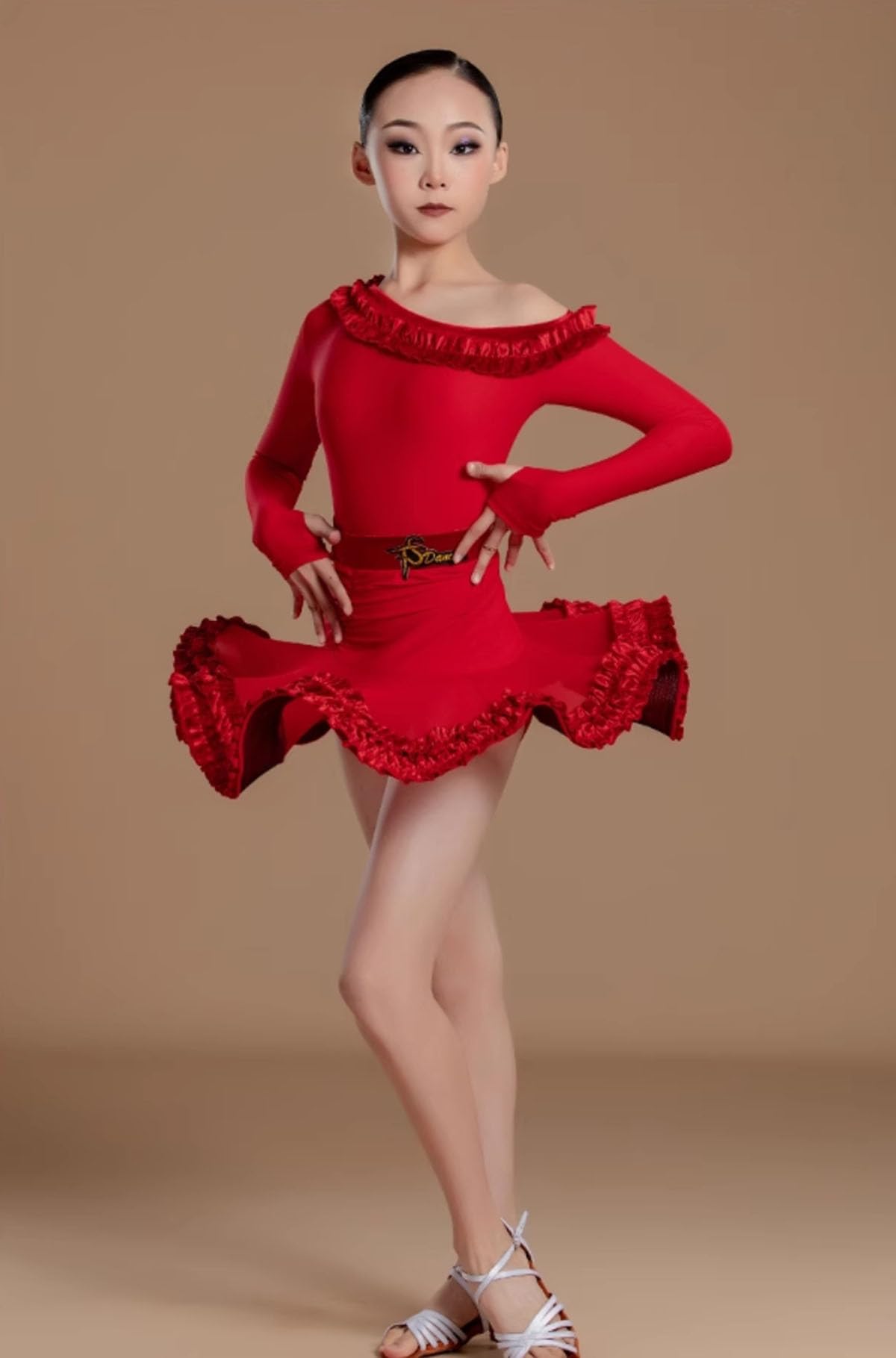Vestito da Ballo Latino a Maniche Lunghe per Bambine, Gonna da Ballo con Spalle Scoperte per Bambine, Abbigliamento da Spettacolo per Danza Cha Cha Rumba Samba