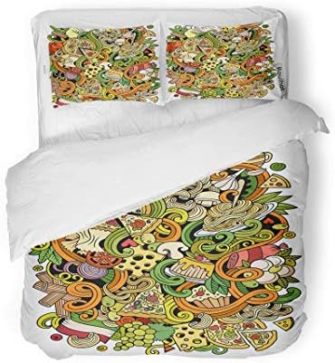 rouihot Duvet Cover Set Twin Size Cartoon Cute Doodles Italian Food Colorful Detailed Lots Funny 3 Piece Microfiber Fabric Decor Bedding Sets for Bedroom