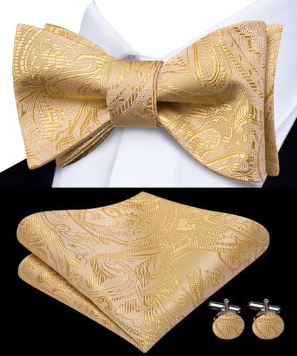 Image of Dubulle Self Tie Bow Ties and Lapel Pin for Men Paisley Solid Mens Bowtie and Handkerchief Cufflinks Set Wedding