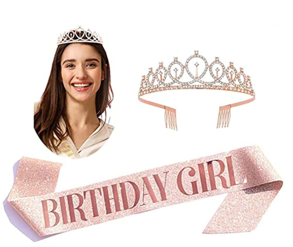 Rose Gold Birthday Girl Sash & Rhinestone Tiara Kit - Diamond Glitter Sash, Happy Birthday Headband, Party Favors and Decoration Supplies for Women