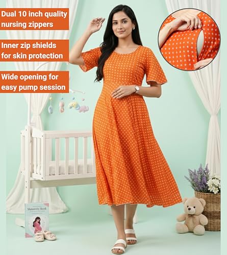 Image of DUMMY SHAPE Feeding Kurtis for Women Cotton Blend | Floral Pregnancy Flare Kurta with Dual Nursing Zippers to Pre & Post Partum | Maternity Dresses | Gifts for Pregnant Woman