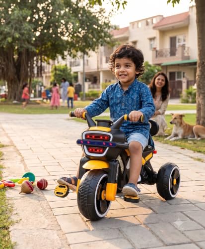 Image of SRECAP Kids Pedal Tricycle with Push Handle | Toddler Trike with Headlight, Music, EVA Wheels & Curved Seat with Backrest | 15 Months-3 Years (Yellow)