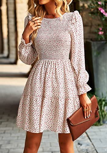 KIRUNDO Long Sleeve Dress for Women 2025 Summer Fall Wedding Guest Smocked Floral Crewneck Ruffle A Line Flowy Mini Dress4
