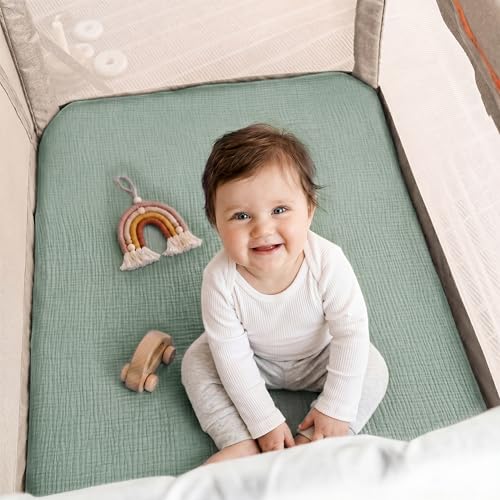 Image of Pro Goleem Muslin Pack n Play Sheets for Boys and Girls, Soft Breathable Cotton Fitted Mini Crib Sheets, Neutral Baby Sheets for Playard Mattress, 2 Pack (Grey&Green)