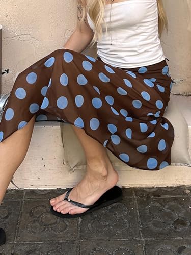 Women's Polka Dot Midi Skirt Asymmetrical Hem Y2K Low Waist Sheer Mesh A-Line Street Style Skirts4