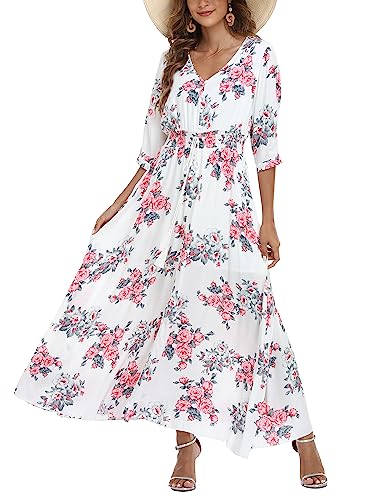 Damen Sommerkleid A Line V-Ausschnitt Standkleid Boho Blumenkleid 3/4 Ärmel Hohe Taille Partykleid Lange Freizeitkleid Weiß XXL