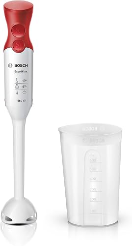 Bosch, blender ręczny, ErgoMixx, silnik 450 W, 2 ustawienia prędkości, dodatkowy przycisk turbo, pojemnik, biało-czerwony, MSM64010