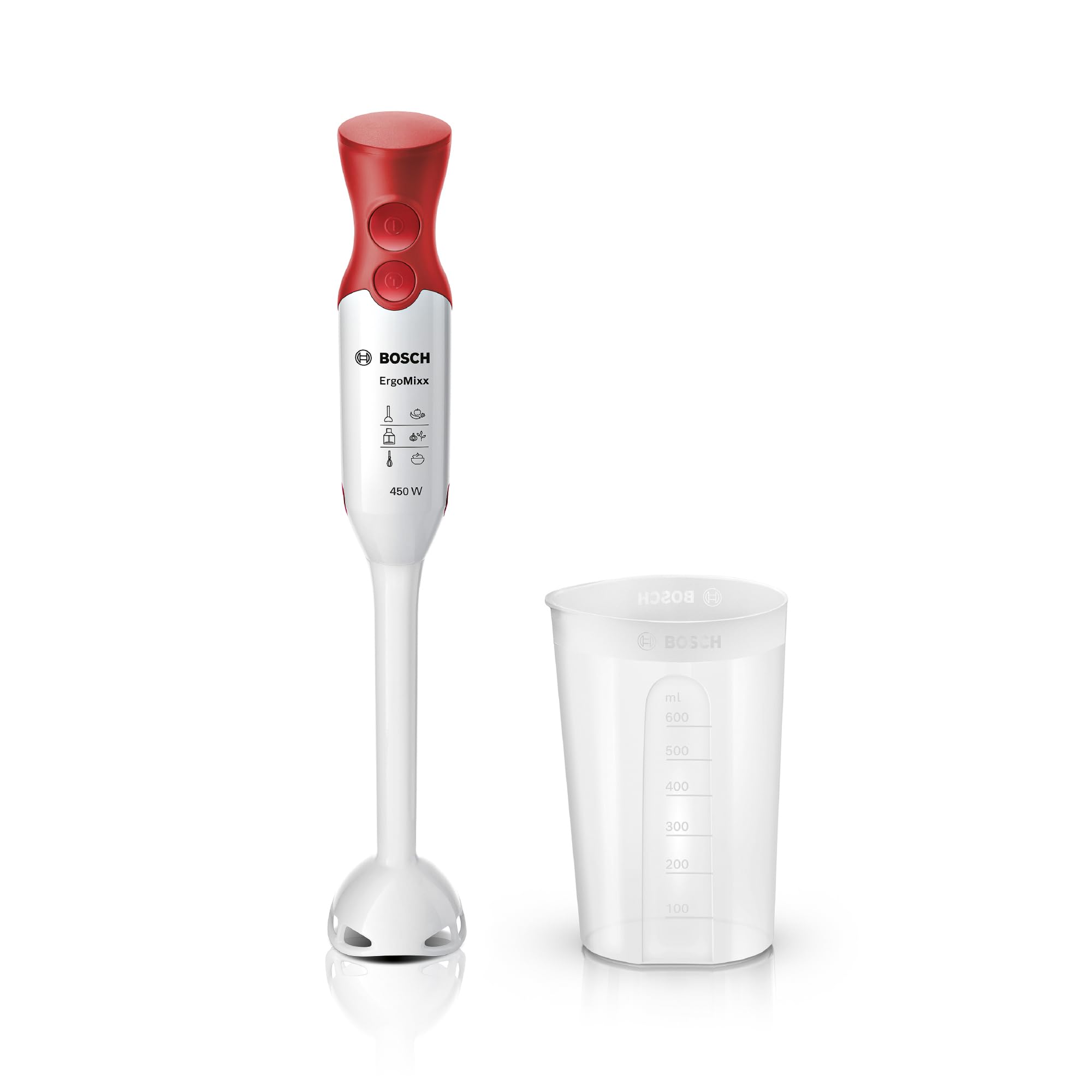 Bosch Frullatore a Immersione MSM64010, 450 W, Impugnatura Ergonomica, Lama a 4 Ali Anti Schizzi, 2 Livelli di Velocità, Bicchiere Graduato Incluso, Bianco, Rosso
