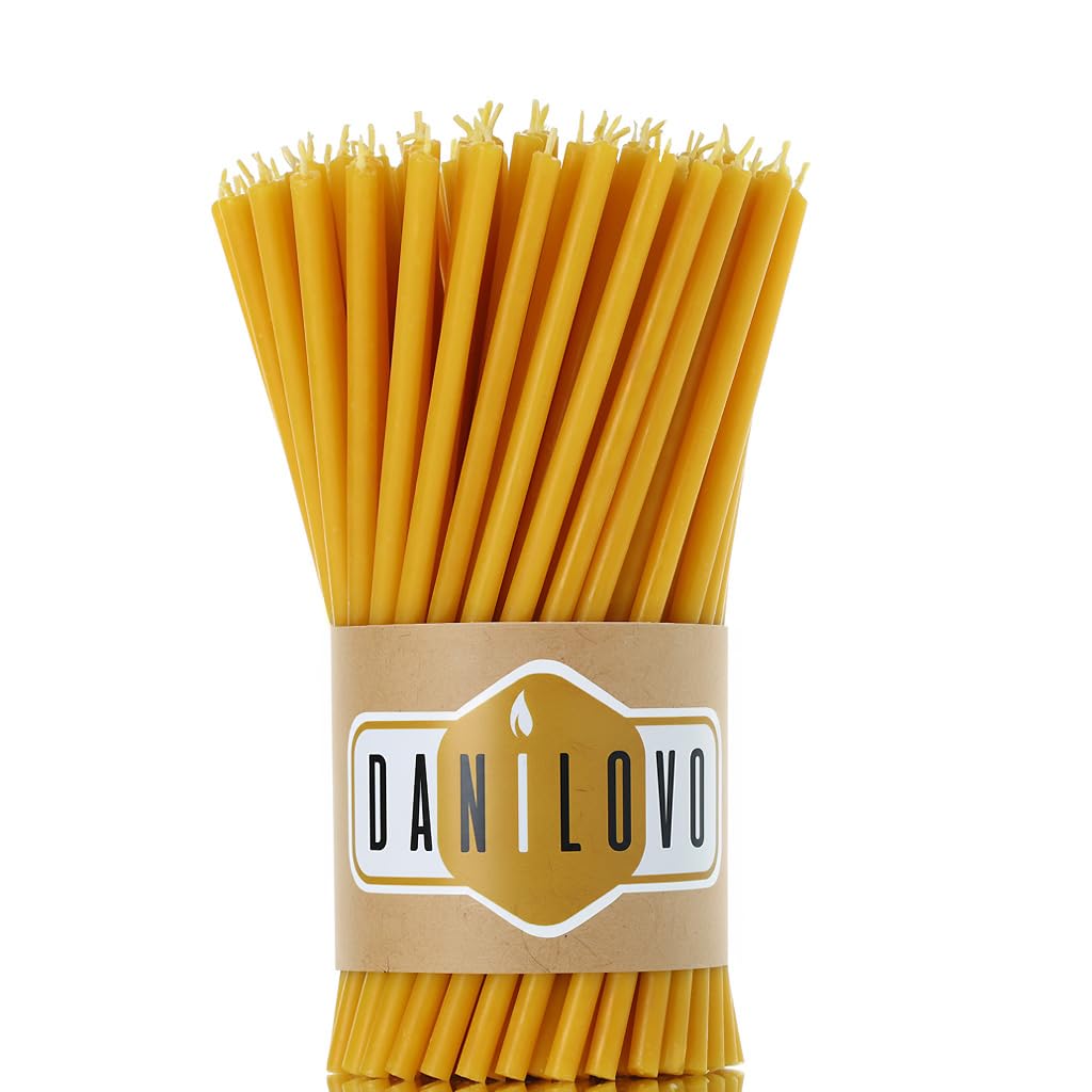 Danilovo Thin Taper Beeswax Candles - Honey-Scented, Decorative Candles Ideal for Birthday Decoration or Church Prayers - Yellow Drip Free, Tall & Smokeless Pack of 50 pcs, 6.4 x 0.22 inch