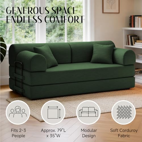 Image of 79'' Convertible Sofa Bed, 6 in 1 Folding Floor Futon Couch Sleeper with Fixed Frame, Corduroy Modular Sofa Bed with Removable Armrests & Pillows, No Assembly for Living Room Bedroom (Green)