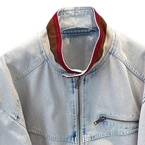 Mens Baggy Easy-Matching Jean Streetwear Top Retro Distressed Wash Denim Coat Full Zip Stretch Jean Jacket4