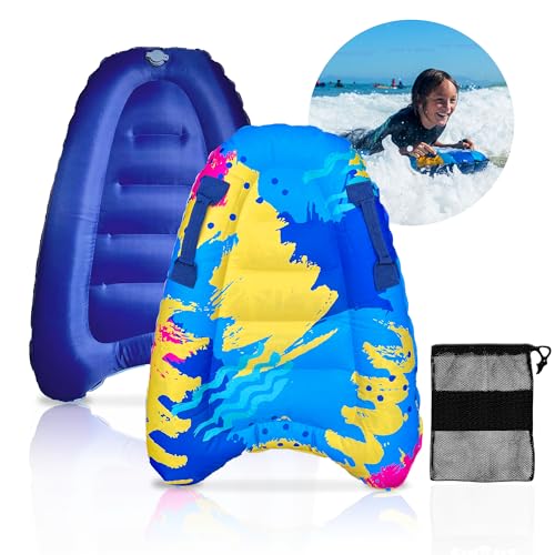 ZAMAS Kids Inflatable Surf Body Board with Handles and New Push-Button Valve, Lightweight Swimming Floating Surfboard Aid Mat Learn to Swim, Beach Safety Theme Surfing with Bonus Case (Multicolor)