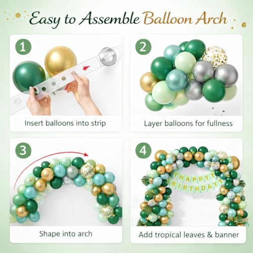 Image of Rozi Decoration Green and Gold Balloon Arch Birthday Decoration Kit with Happy Birthday Paper Banner | Jungle Theme Party Decoration Set for Home, Kids and Adult Celebrations Pack of 56 Pcs